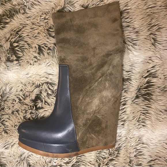 Jil Sander Brown Suede Black Leather Platform Wedge Boots Mid Calf Booties 36 6 - Picture 5 of 16